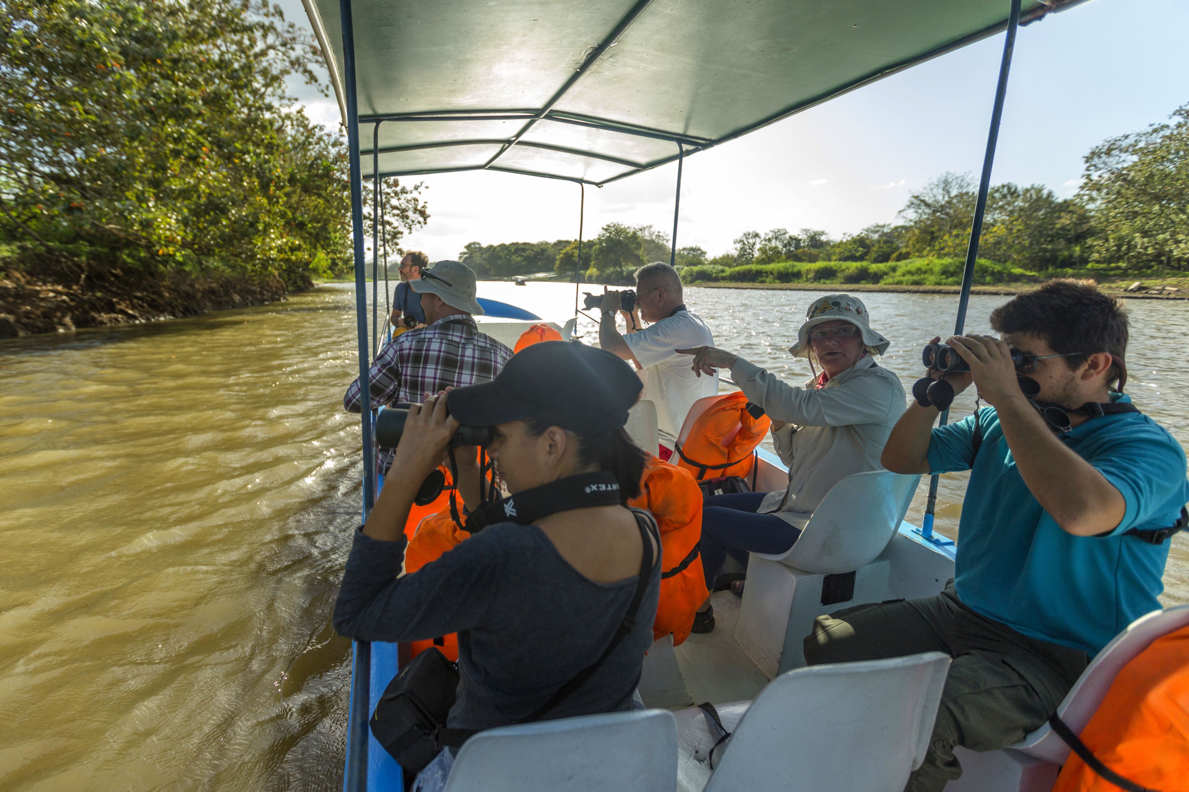 Ein Boot mit Passagieren, von denen einige Ferngläser benutzen, und einem darüber befindlichen Verdeck. Einige tragen Rettungswesten.