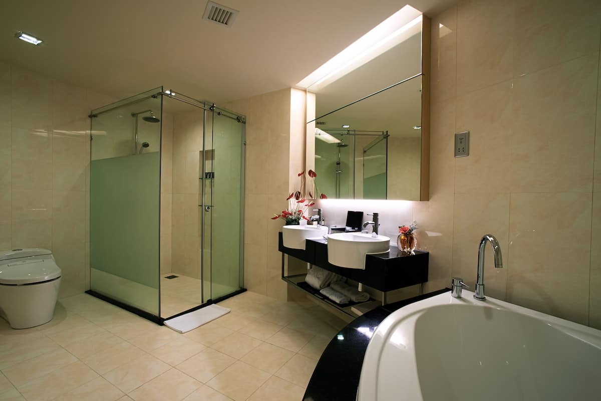 separate bathtub and shower, free toiletries, hair dryer, slippers