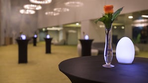 Un intérieur moderne avec une table sur laquelle est disposée une rose dans un vase transparent et un objet sphérique lumineux.