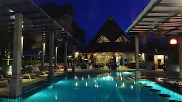 Outdoor pool, pool umbrellas, pool loungers