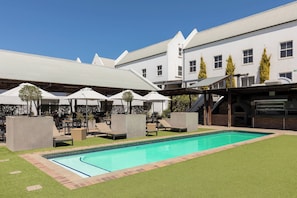 Outdoor pool, pool umbrellas, pool loungers
