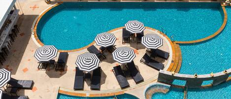 2 outdoor pools, pool umbrellas, sun loungers