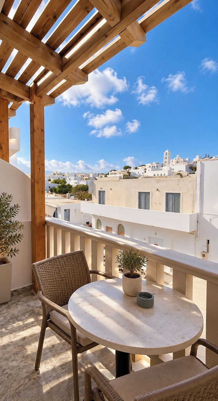 A balcony with a round table and wicker chairs, overlooking a white building complex with a clear sky.