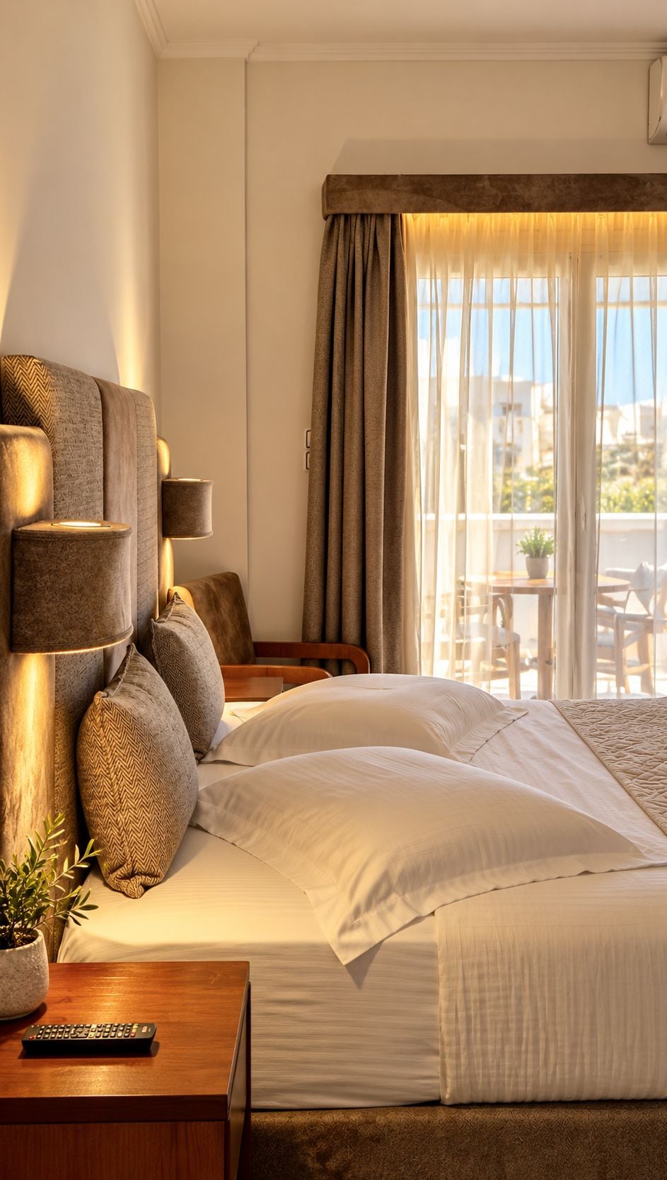 Habitación de hotel con cama, mesita de noche con control remoto, lámpara y vistas al exterior a través de una ventana con cortinas.