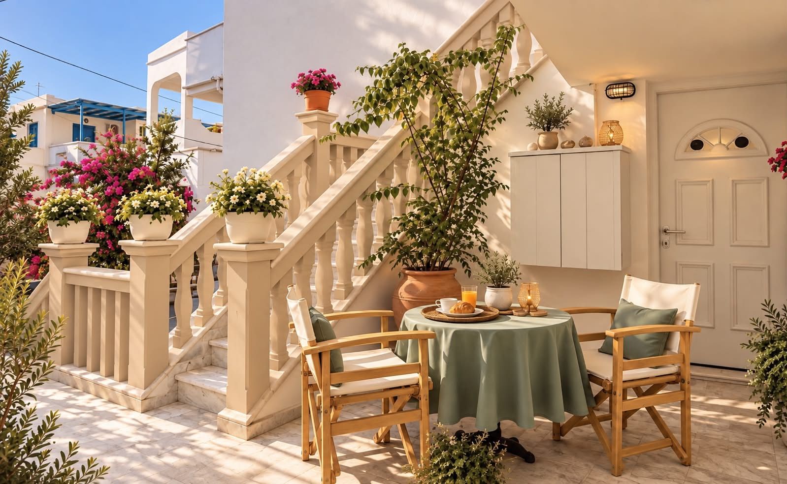 Una terraza con banco y mesa de madera, plantas en macetas y una escalera.