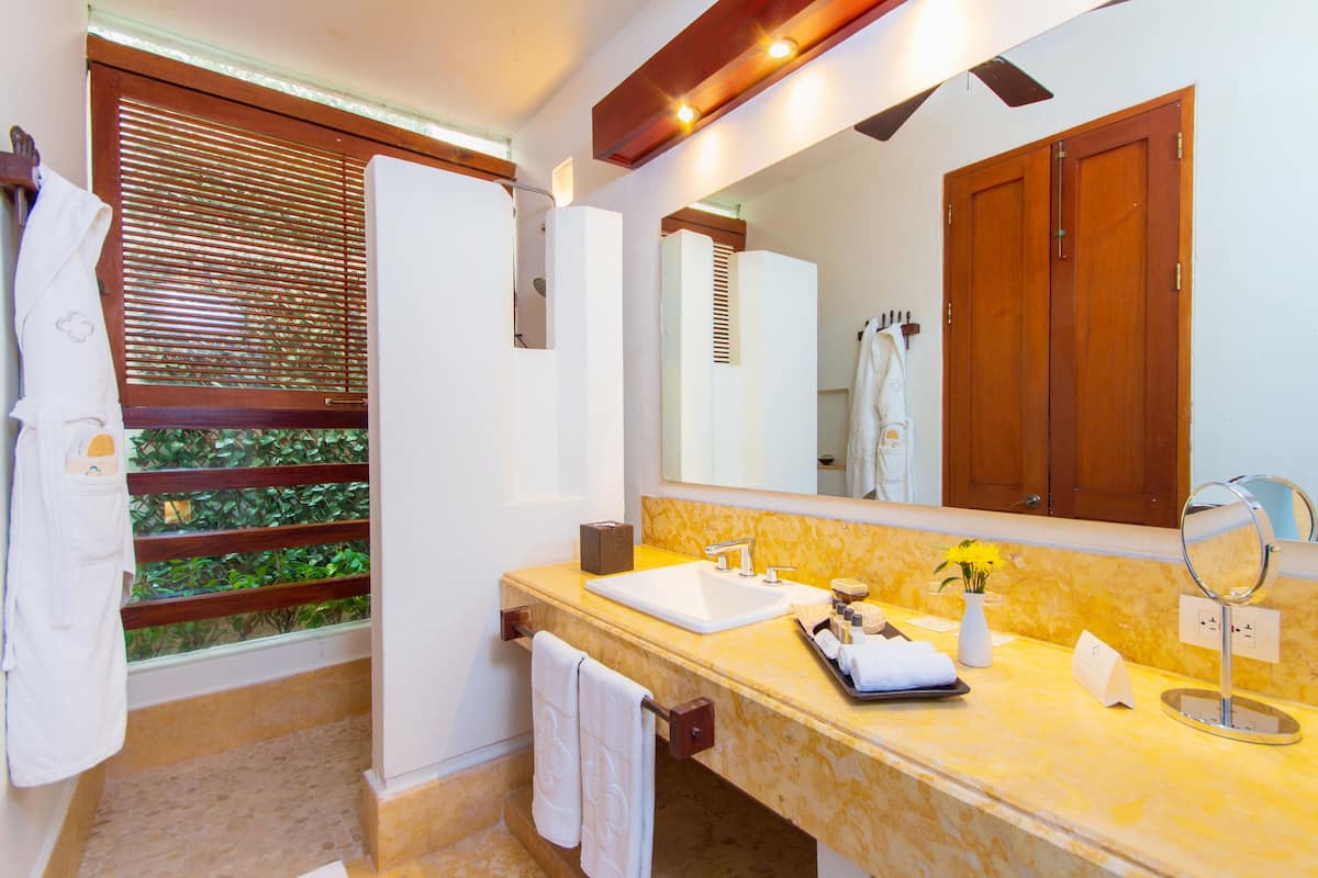 shower, rainfall showerhead, free toiletries, hair dryer