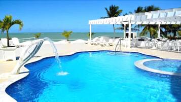 Outdoor pool, pool umbrellas, pool loungers