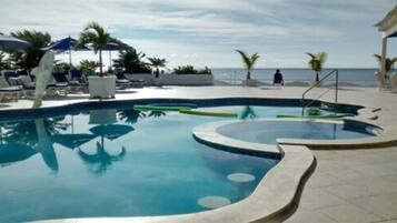 Outdoor pool, pool umbrellas, pool loungers