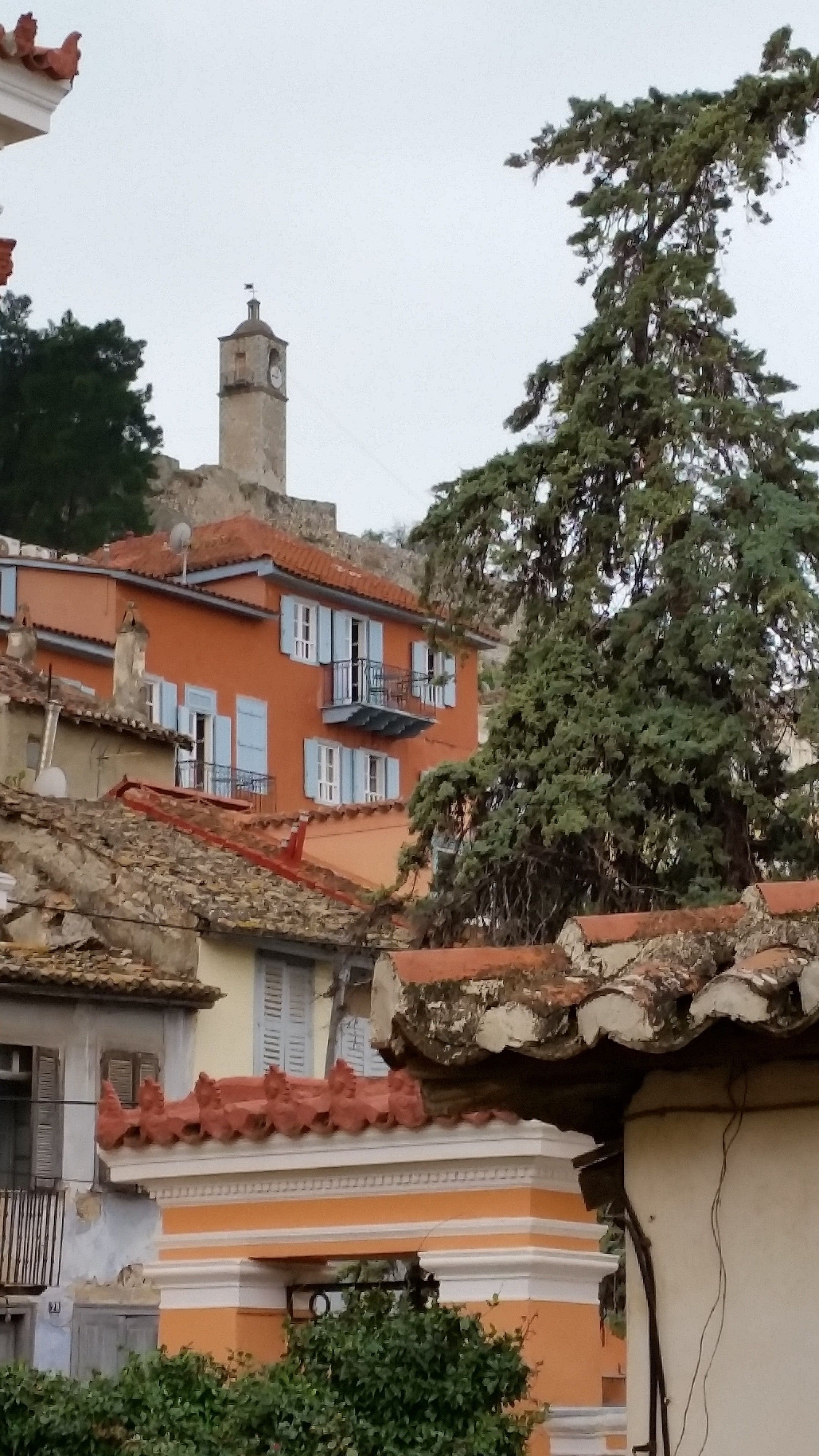 A traditional building with a clock tower, orange and white facade, and a tree in the foreground.