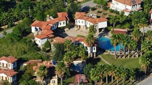 An aerial view of a residential area with houses, a swimming pool, and palm trees.