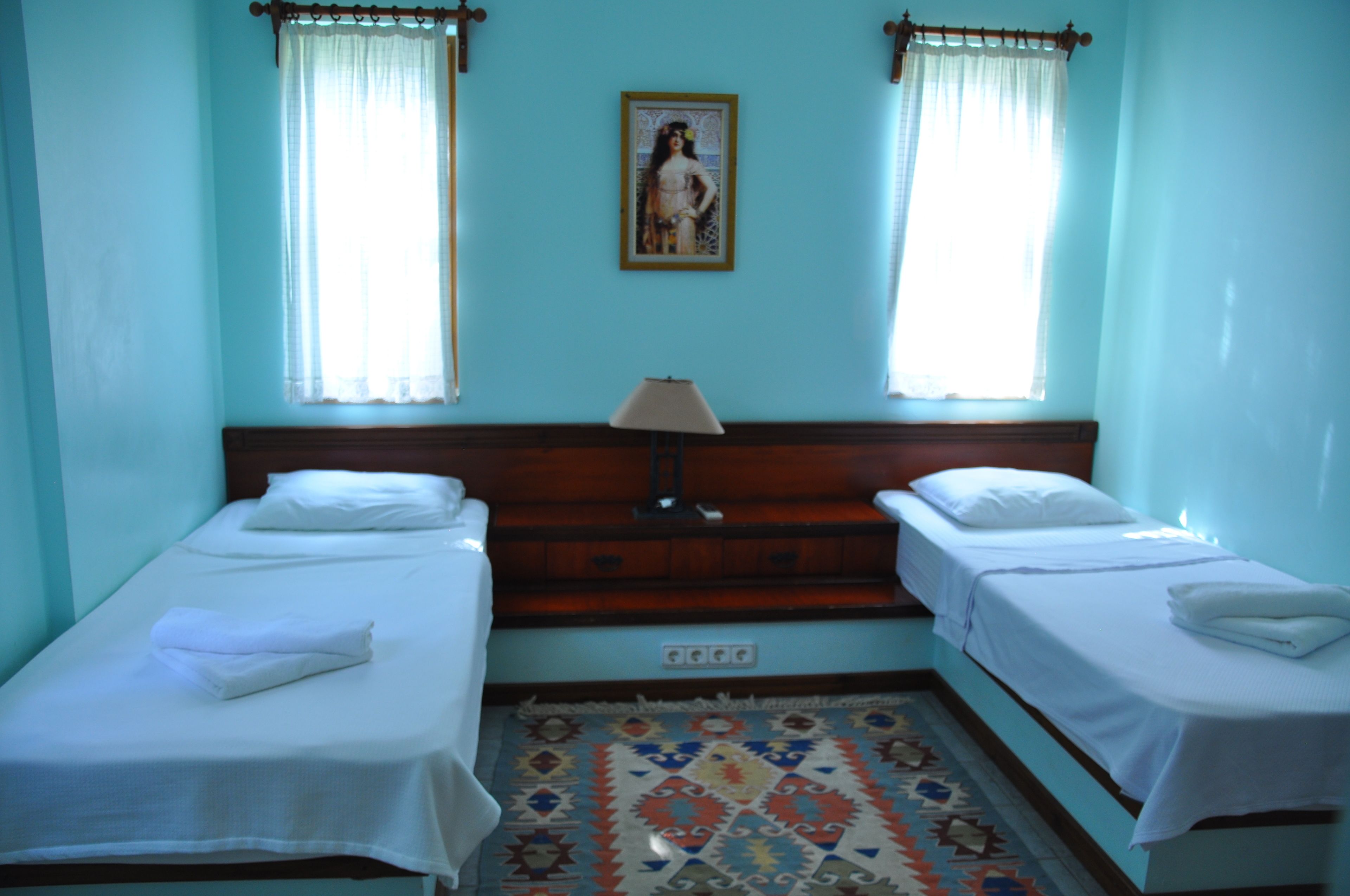 Una habitación con dos camas individuales, un cabecero de madera, un tapete estampado y un cuadro en la pared.