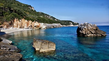 Pantai di sekitar, kursi berjemur, payung pantai, dan handuk pantai