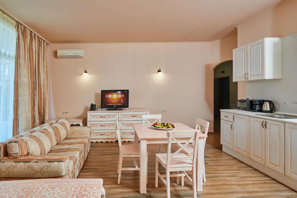 A compact living space with a sofa, dining table, chairs, a television, and a kitchenette.