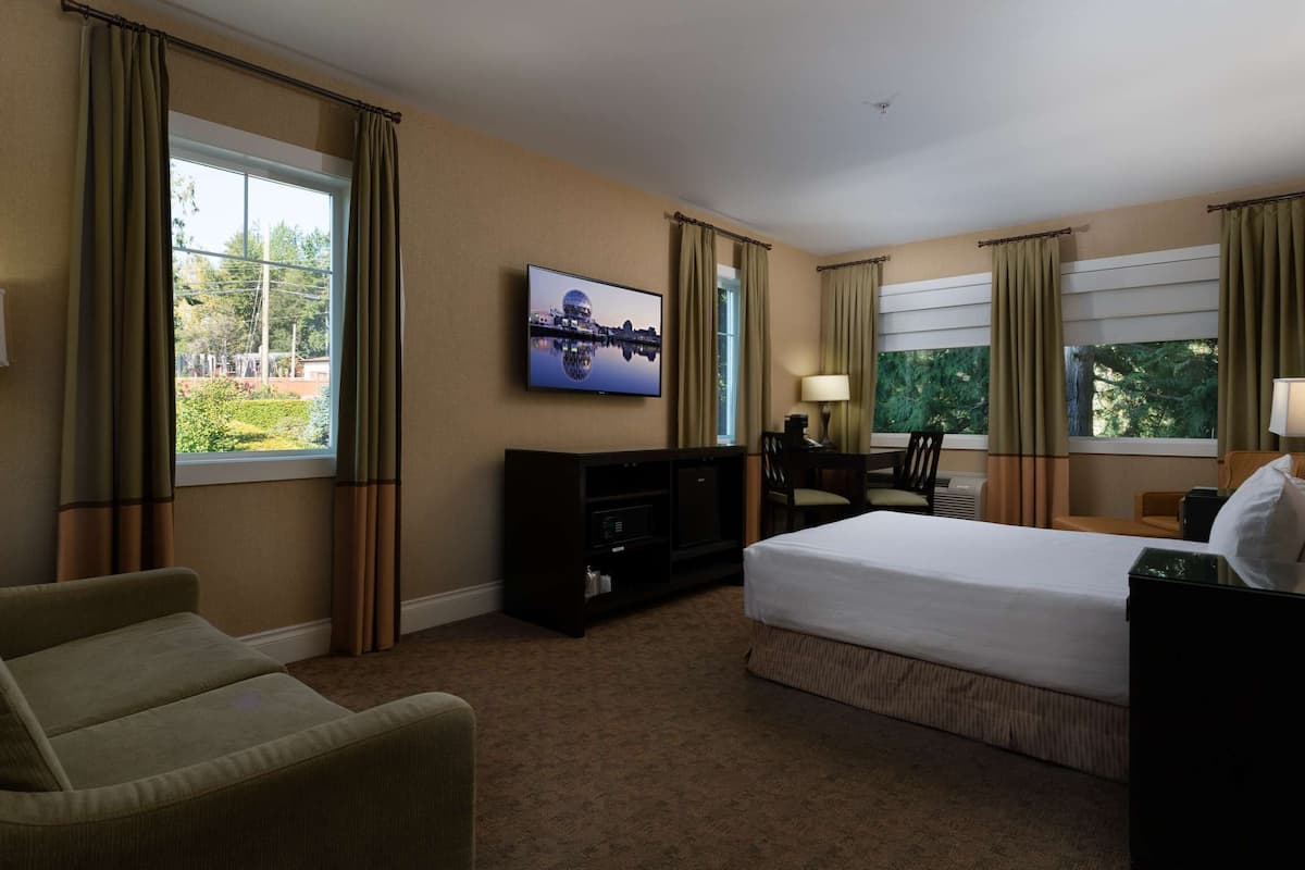 Quarto de hotel com uma cama, uma escrivaninha, uma televisão e um sofá.