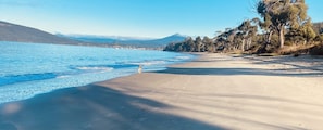 Walk along the shoreline, surrounded by a natural boundary of trees and a majestic mountain range.