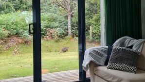 Una habitación con puerta de vidrio corredera que da a un jardín.