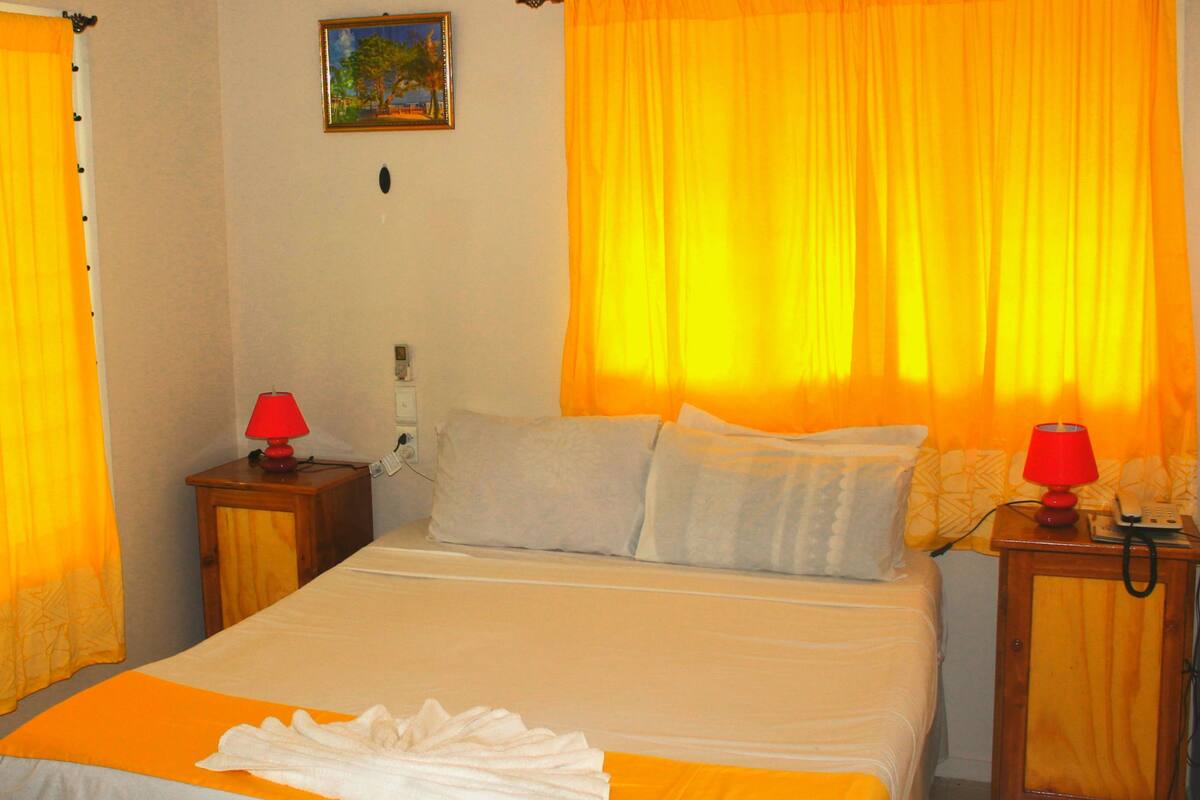 Una habitación de hotel con una cama, dos mesitas de noche, una lámpara y cortinas.