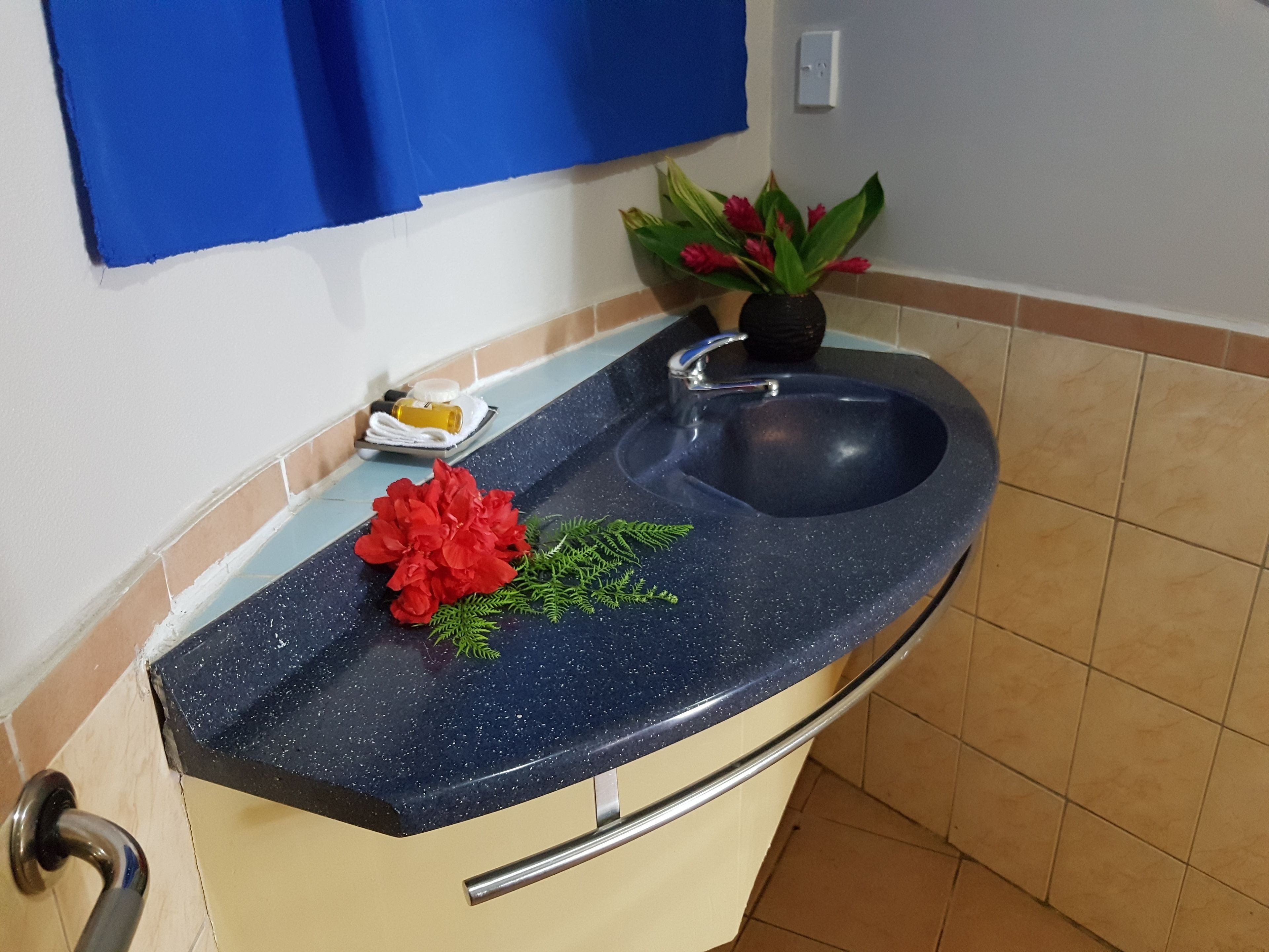 Una cocina con encimera azul moteada, un lavamanos, una planta en maceta y un pequeño recipiente con artículos de aseo.