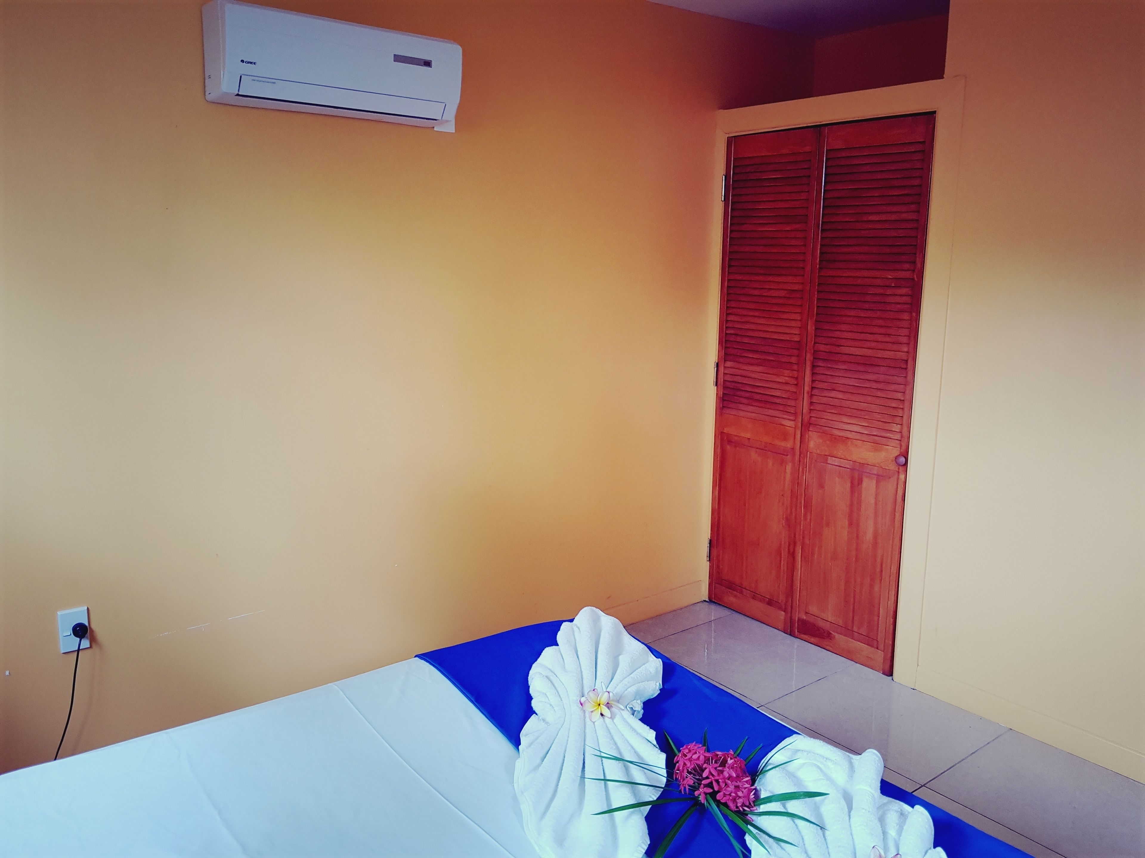 A room with a bed, a wooden door, and an air conditioning unit on the wall.