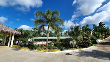 A resort with a thatched-roof structure, palm trees, and a building with a green roof.