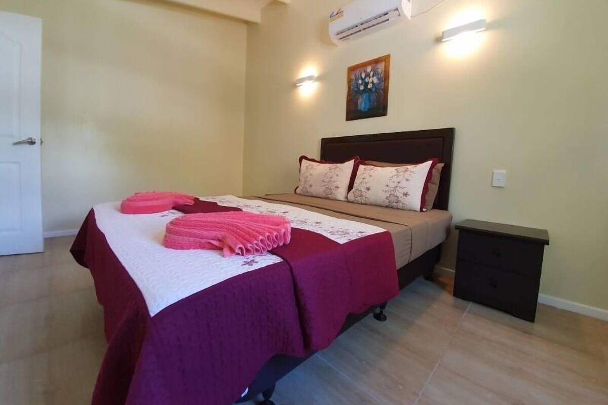 Un dormitorio con cama, almohadas, una mesita de noche, aire acondicionado y un cuadro en la pared.