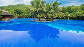 Outdoor pool, pool umbrellas, pool loungers