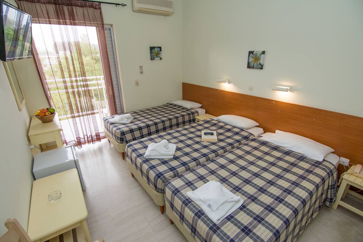 A hotel room with two beds, a small desk, a TV, and a window with curtains.