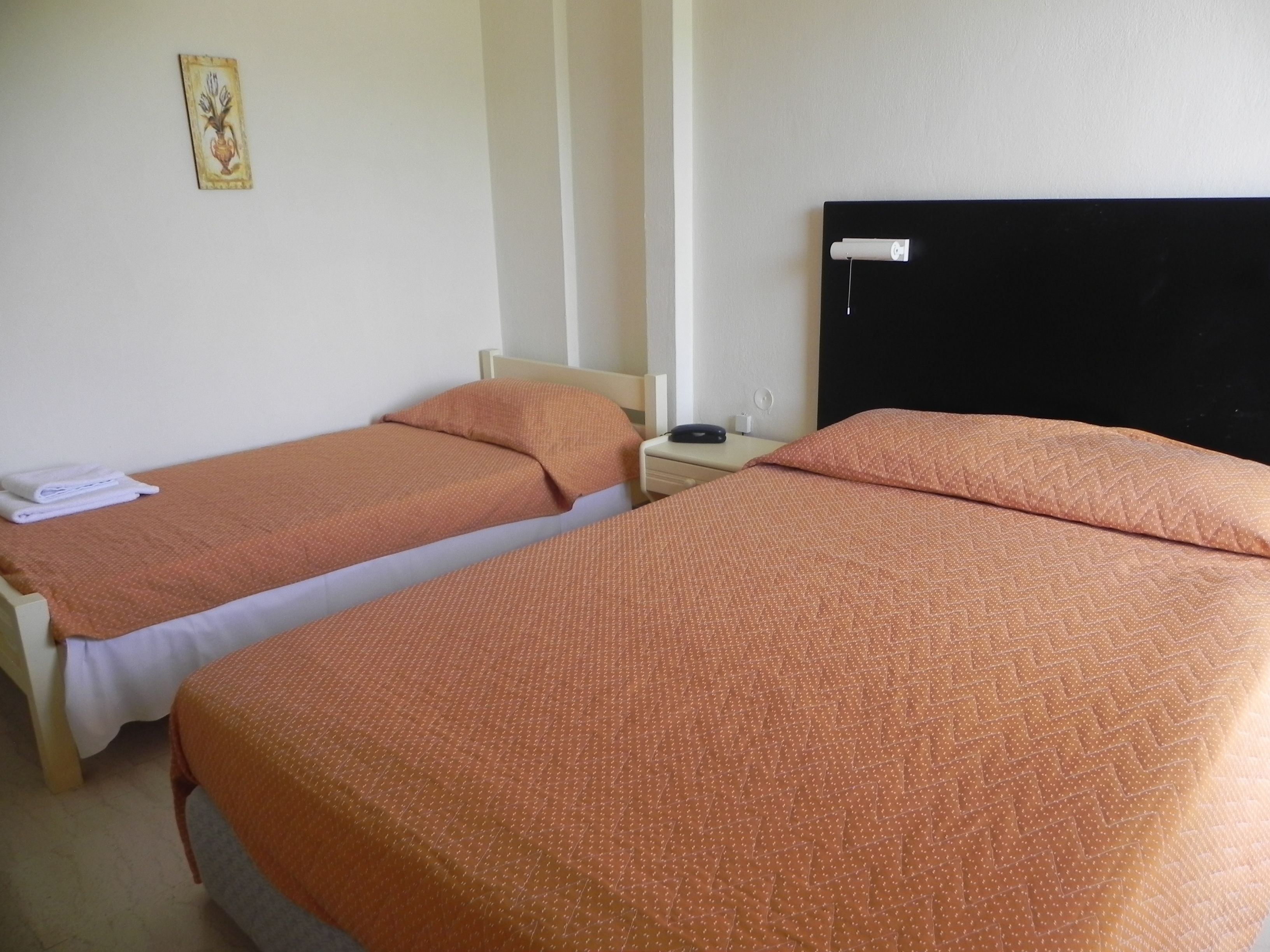 Two twin beds with matching orange bedding, a bedside table with a lamp, and a wall-mounted artwork.