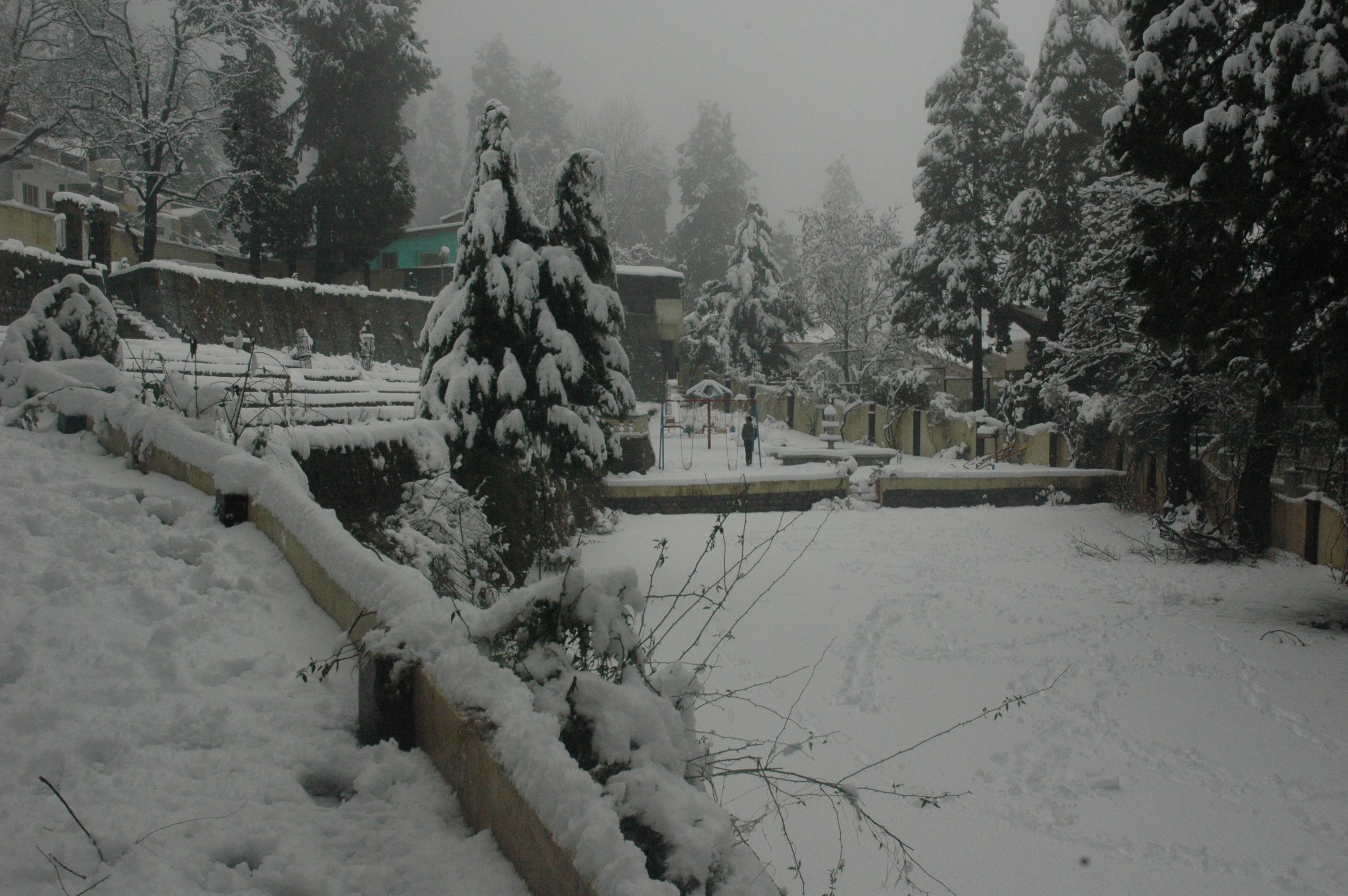 A snowy outdoor area with a stone wall, snow-covered trees, and a building in the background.