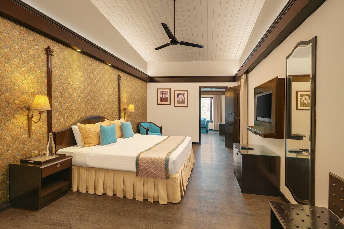 A hotel room with a large bed, bedside lamps, a ceiling fan, a TV, and a mirror.