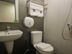 Shower, free toiletries, hair dryer, towels