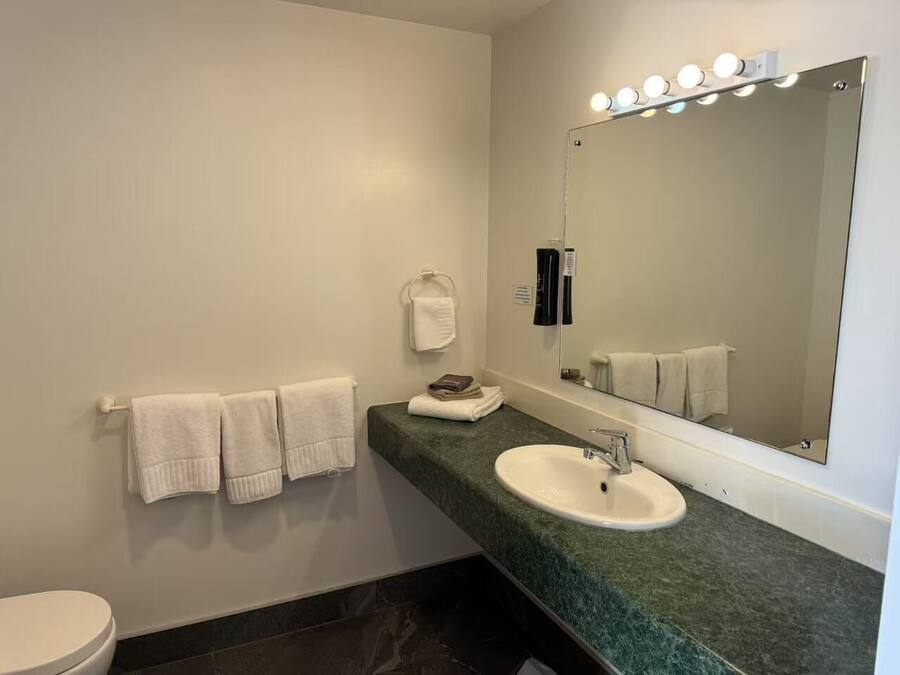 Un baño con inodoro blanco, lavamanos con encimera verde y espejo con iluminación superior.