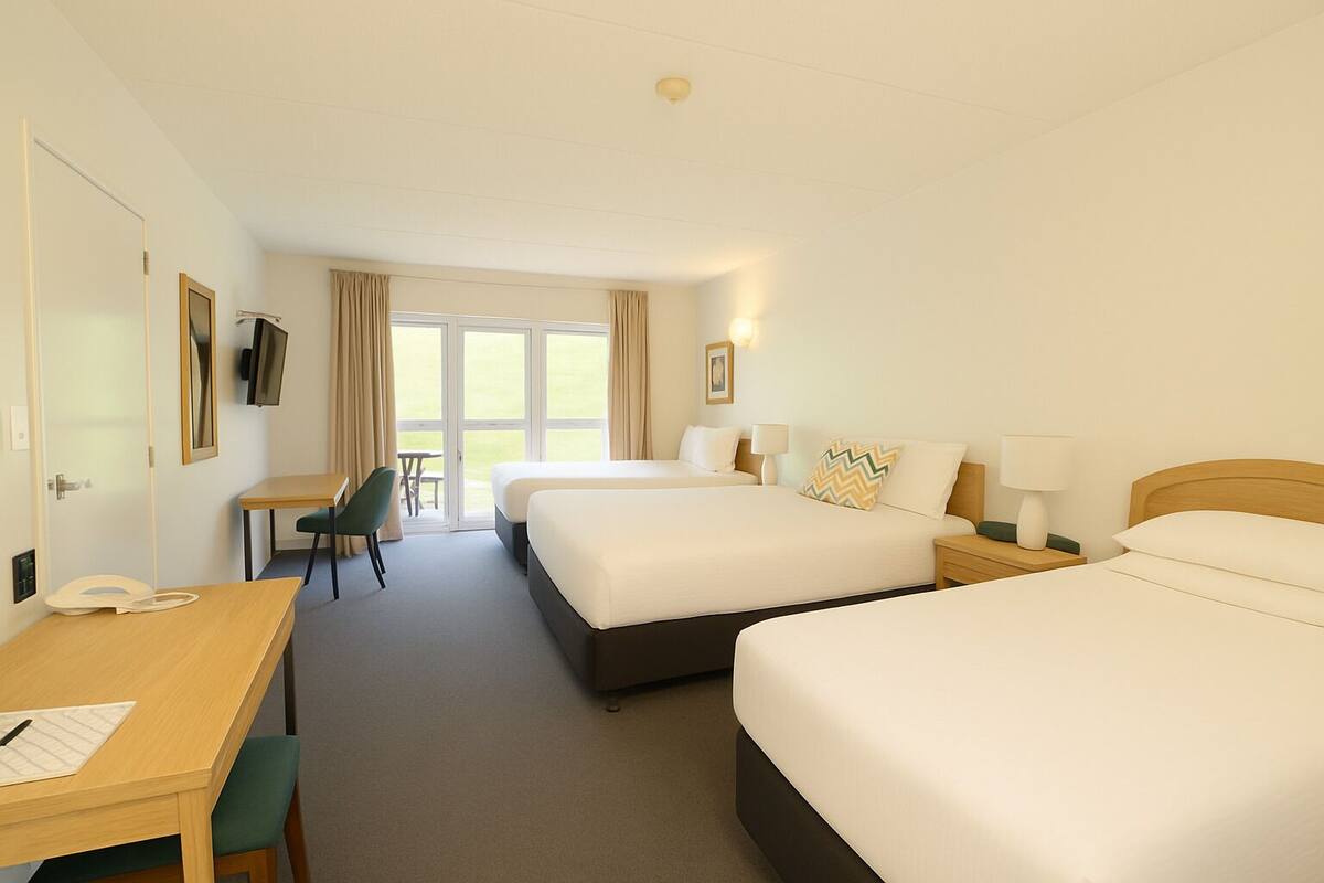A hotel room with two beds, a desk, a chair, a TV, and a window with curtains.