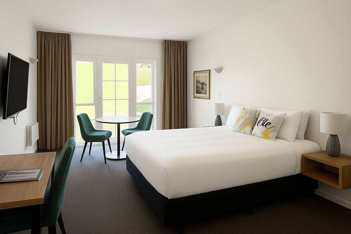 A hotel room with a large bed, a desk with a chair, a TV, and a window with curtains.