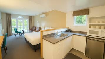 Premium bedding, Select Comfort beds, desk, blackout curtains