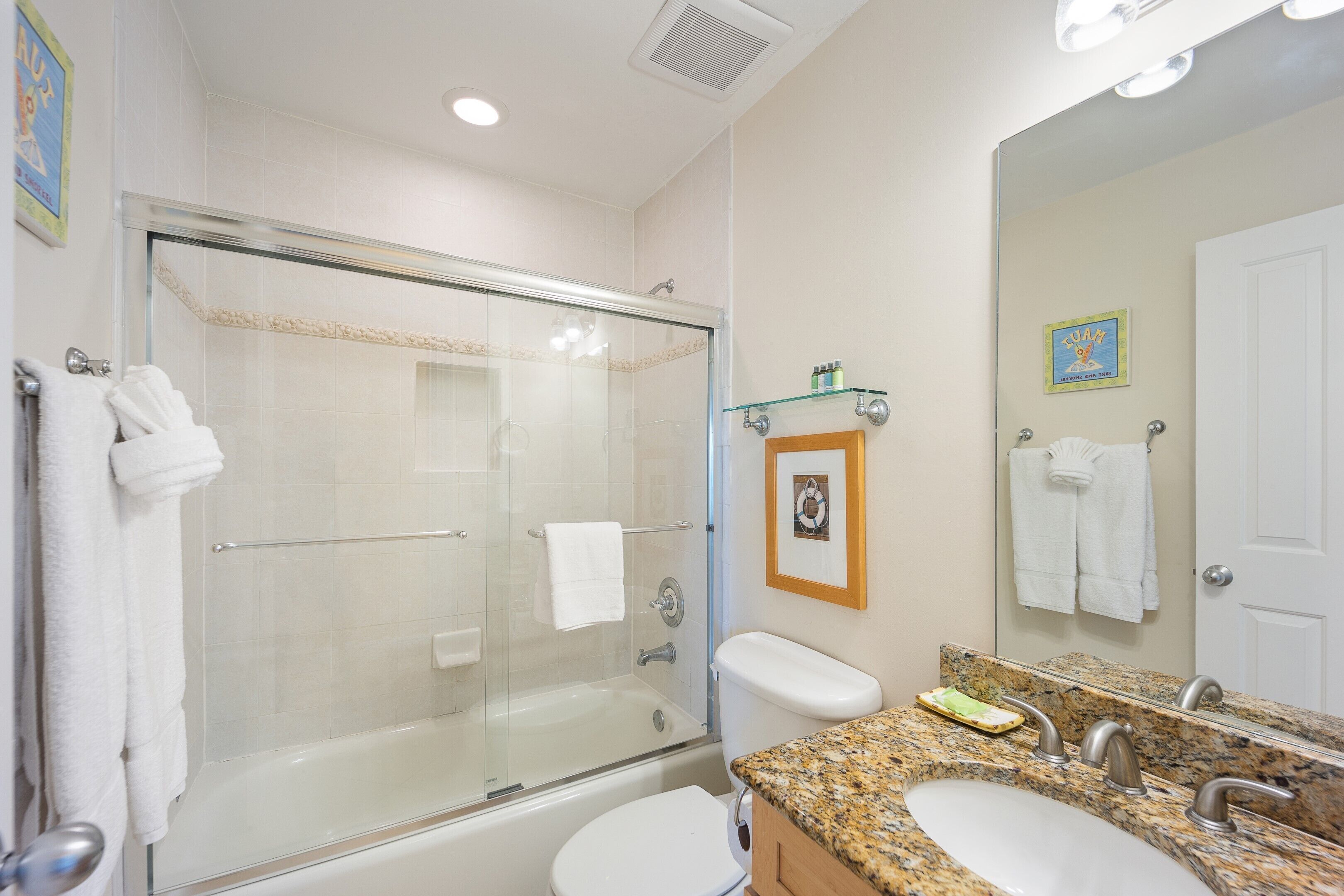 Une salle de bain avec une douche à parois de verre, des toilettes blanches et un plan de toilette en granit avec un lavabo.