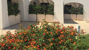 Un patio con arcos, suelo de baldosas y un parterre con caléndulas.