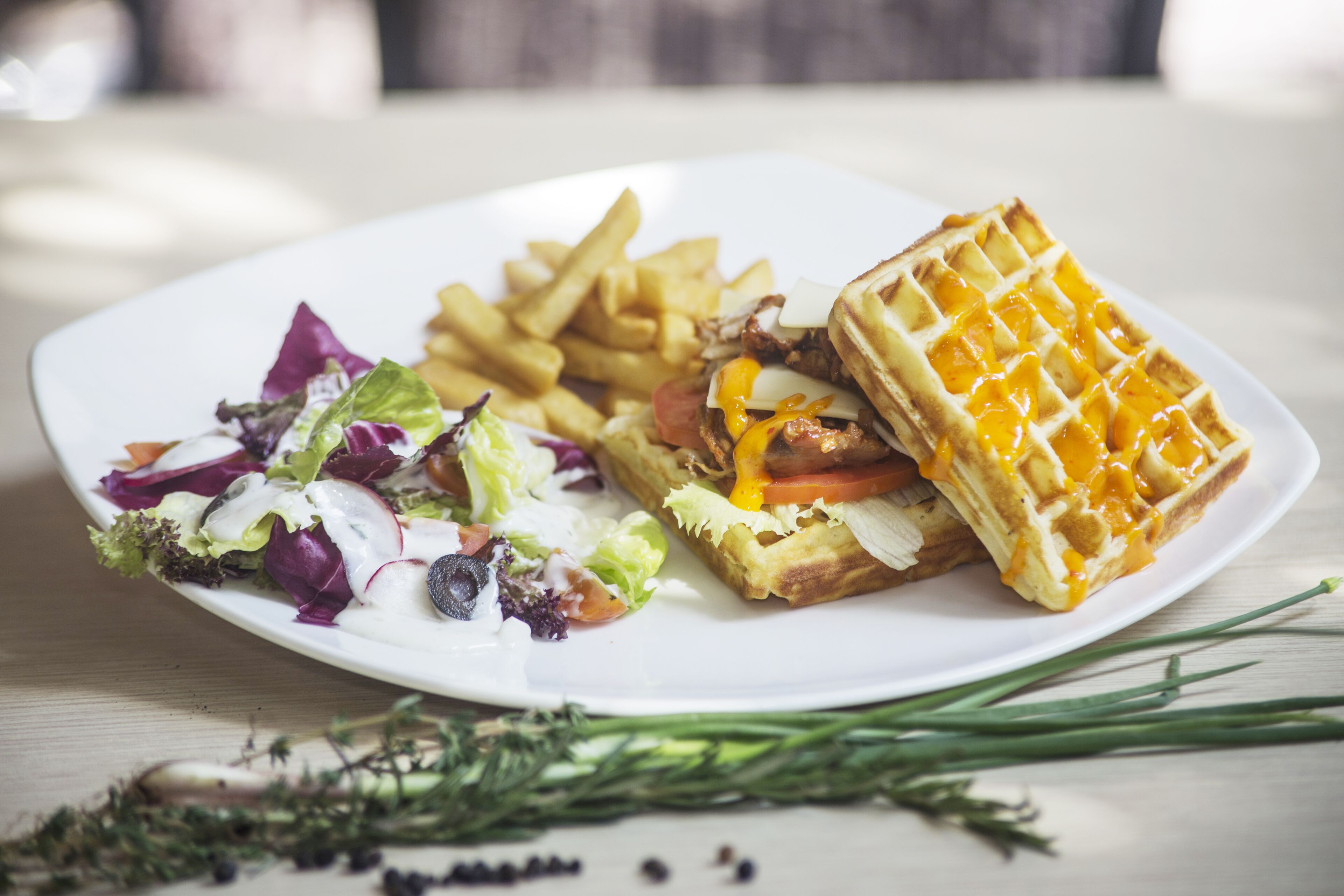 Un plato con un sándwich, papas fritas y una ensalada.
