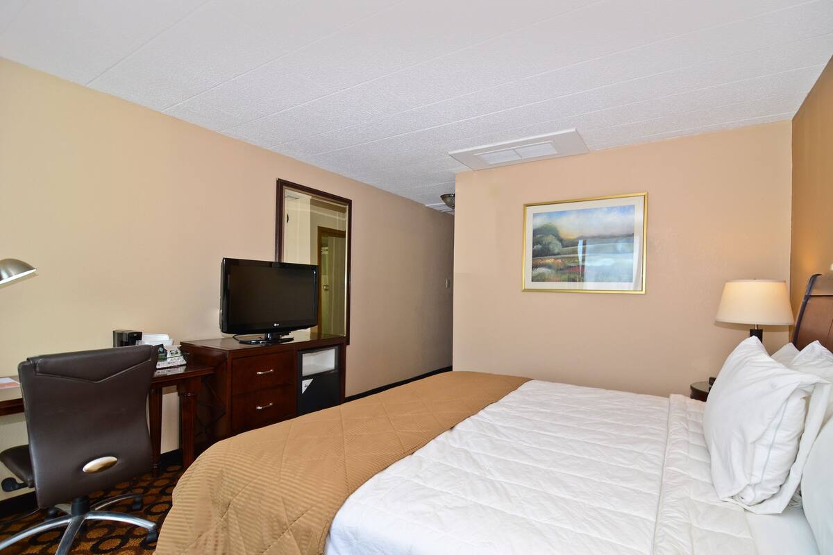 A hotel room with a bed, desk, chair, television, and a painting on the wall.