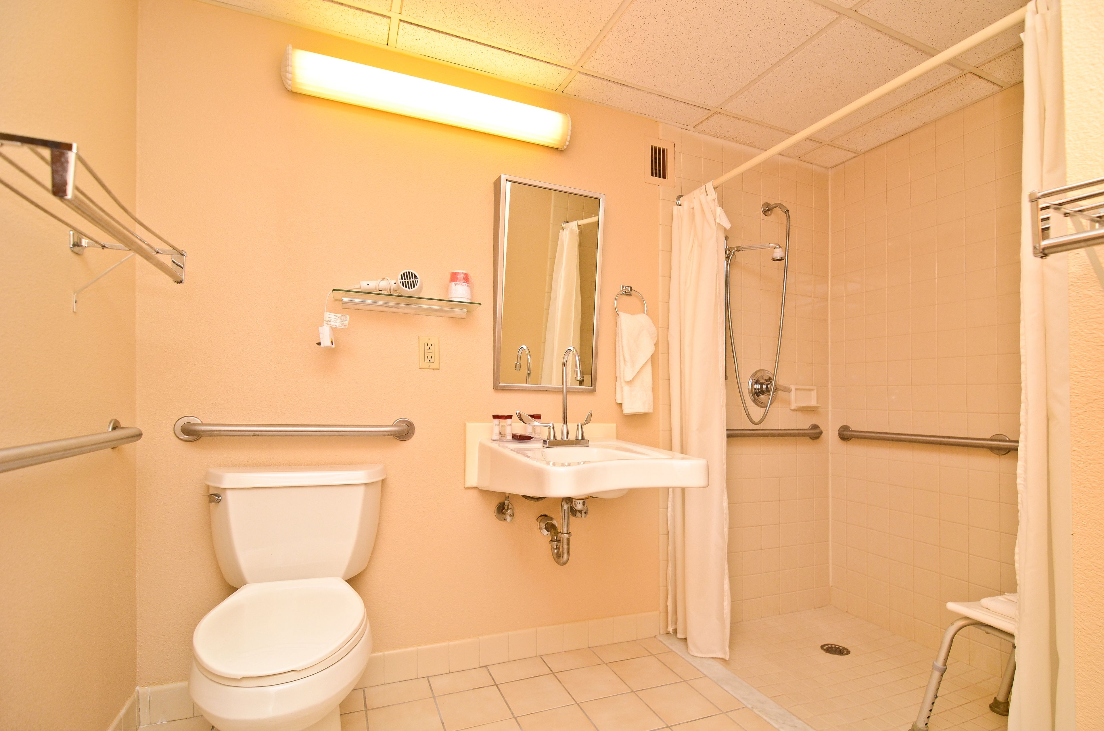 A bathroom with a toilet, sink, mirror, shower, and grab bars.