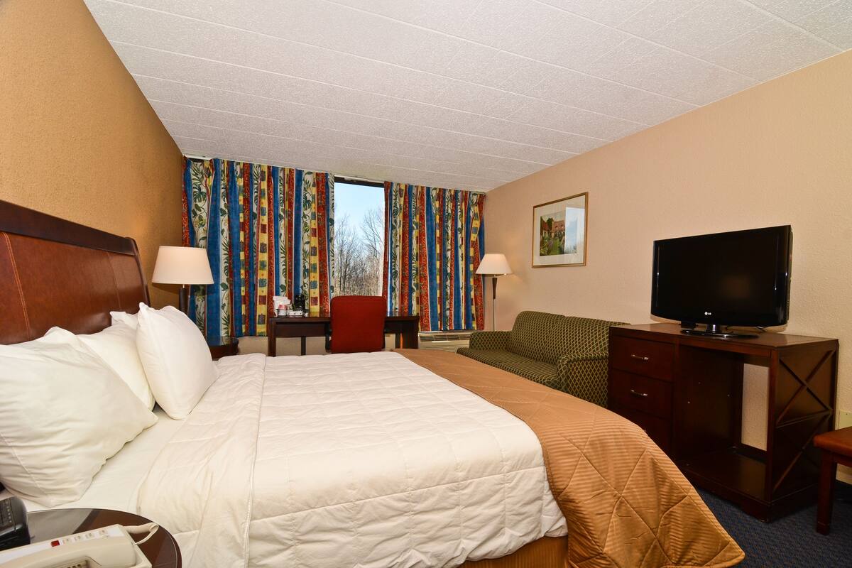 A hotel room with a large bed, a desk with a television, a chair, and a couch.