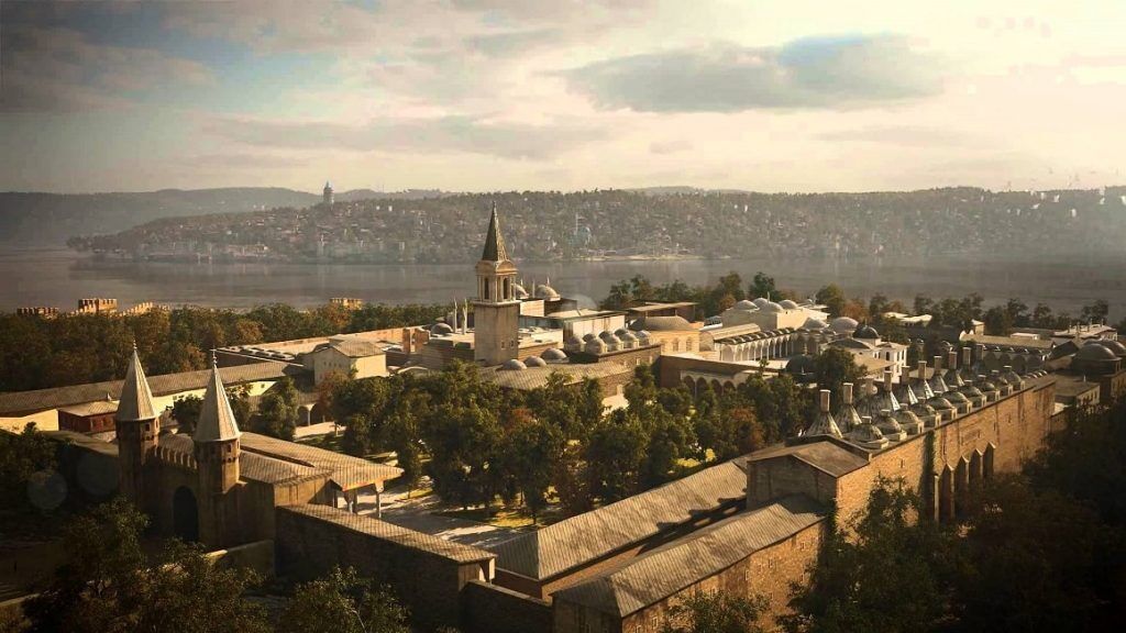 A historic cityscape with prominent buildings and a river.
