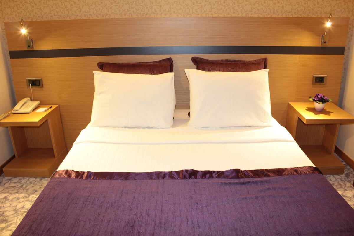 A hotel room with a large bed, two bedside tables, a telephone, and a small plant on one of the tables.