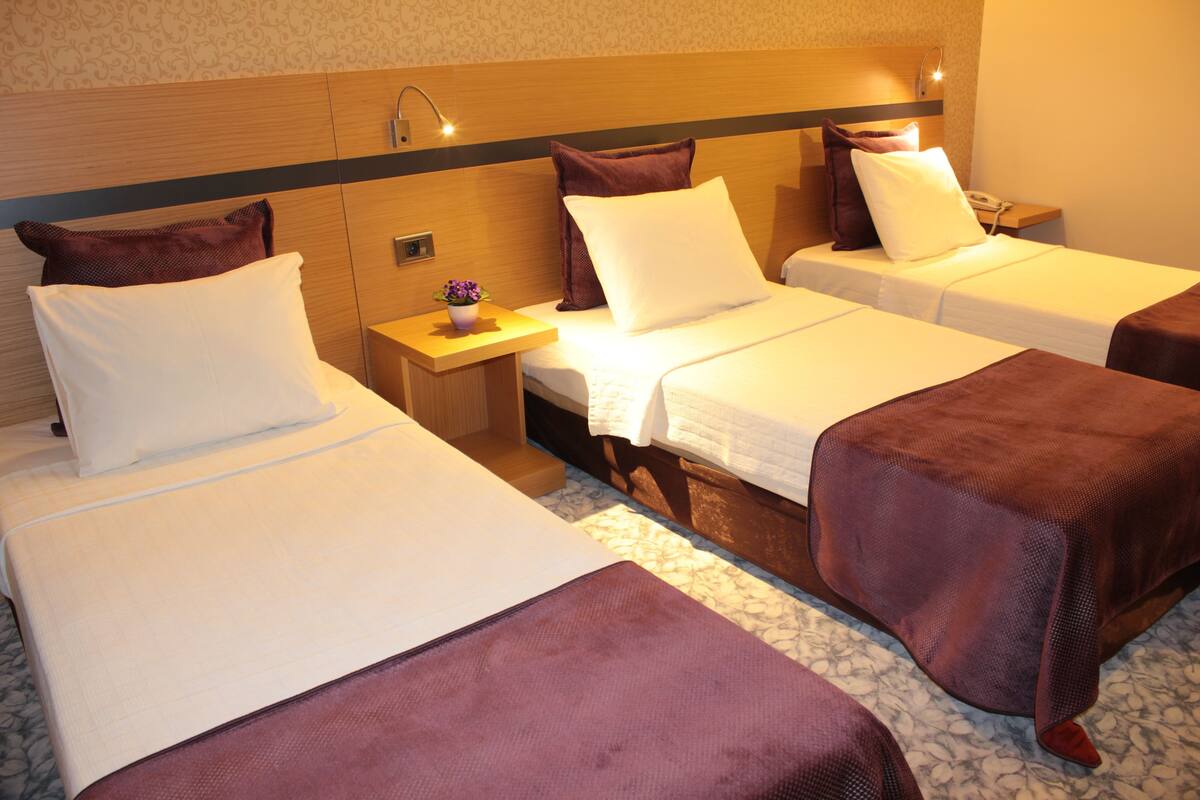 Een hotelkamer met drie bedden, elk voorzien van witte lakens en bruine hoofdeinden. Er staat een klein tafeltje met een plant en een telefoon op het nachtkastje.