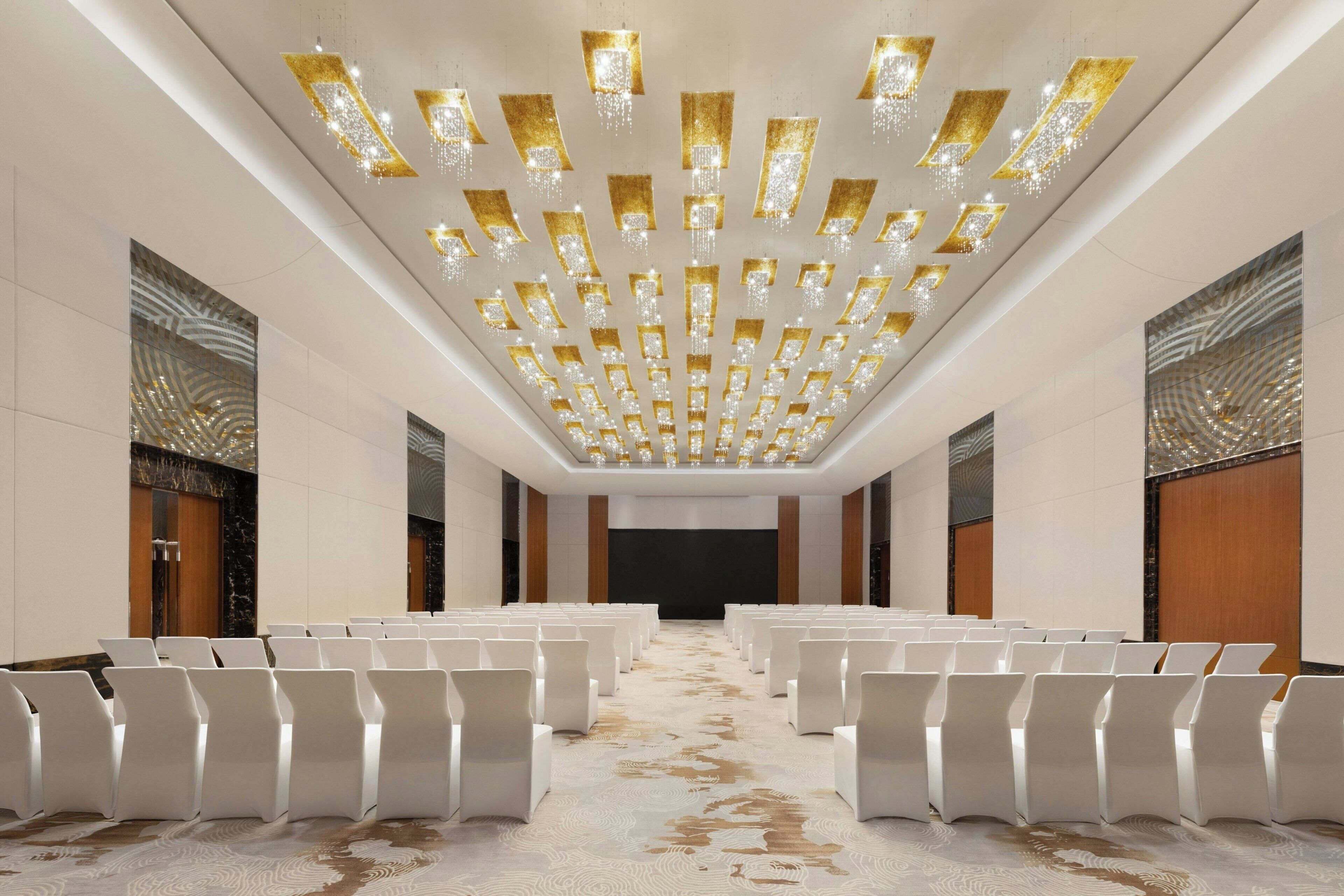 Un salón de conferencias con filas de sillas blancas, una alfombra estampada y un techo con múltiples luminarias.