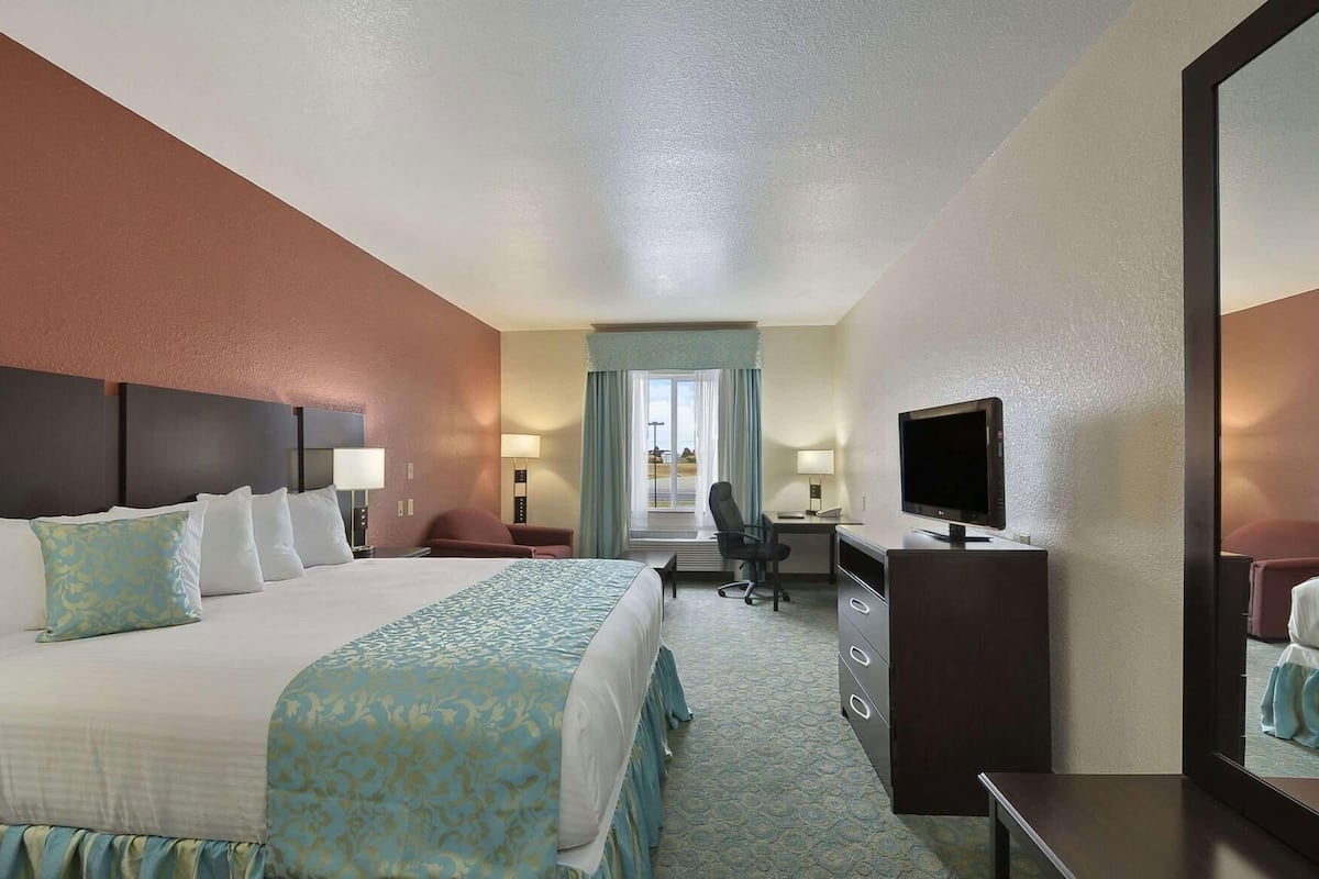 Habitación de hotel con una cama grande, un escritorio, televisión y vista al exterior.