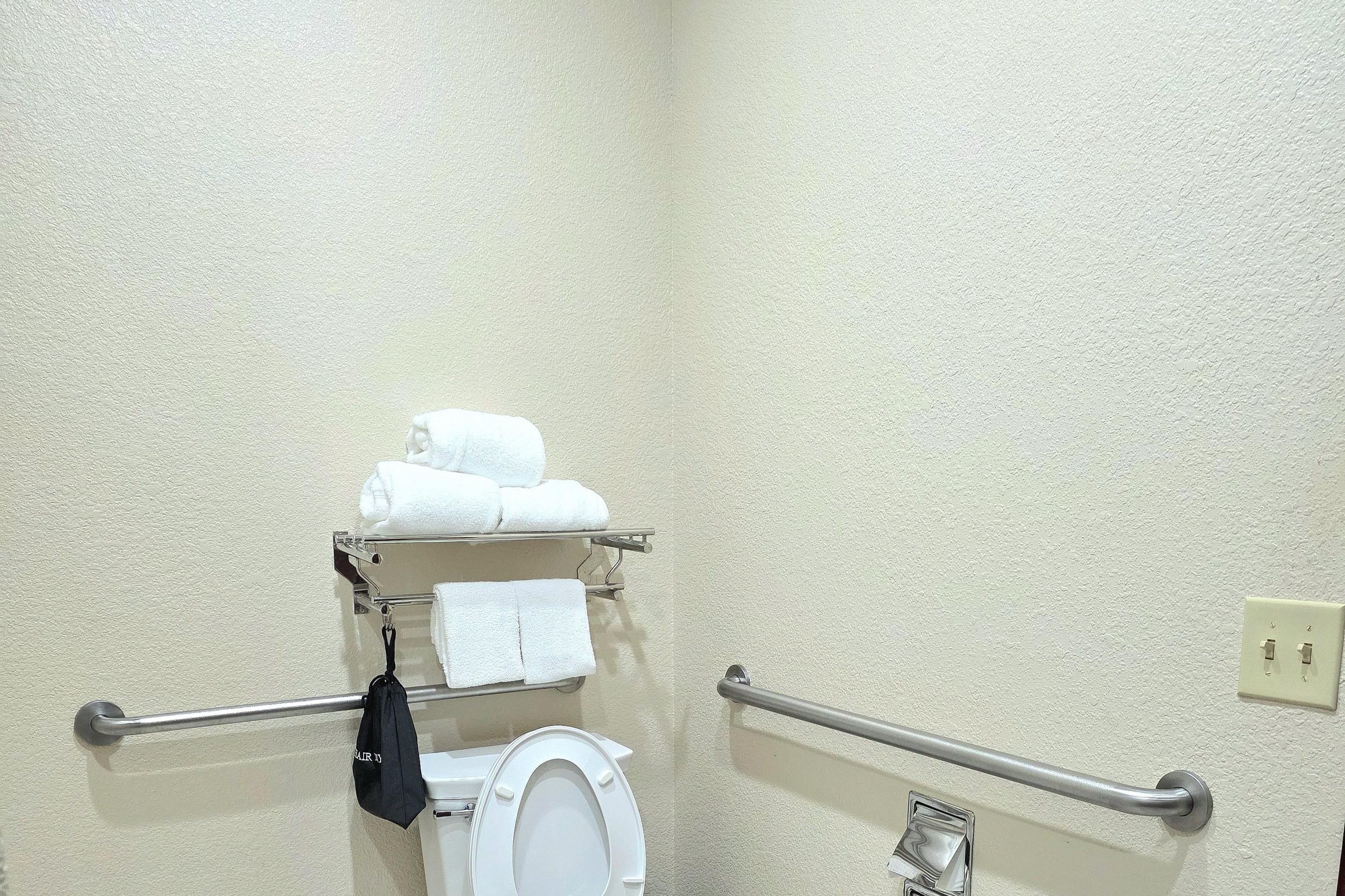 Un baño con inodoro, un perchero con toallas dobladas y una barra de apoyo.