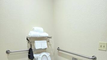 Un baño con inodoro, un perchero con toallas dobladas y una barra de apoyo.
