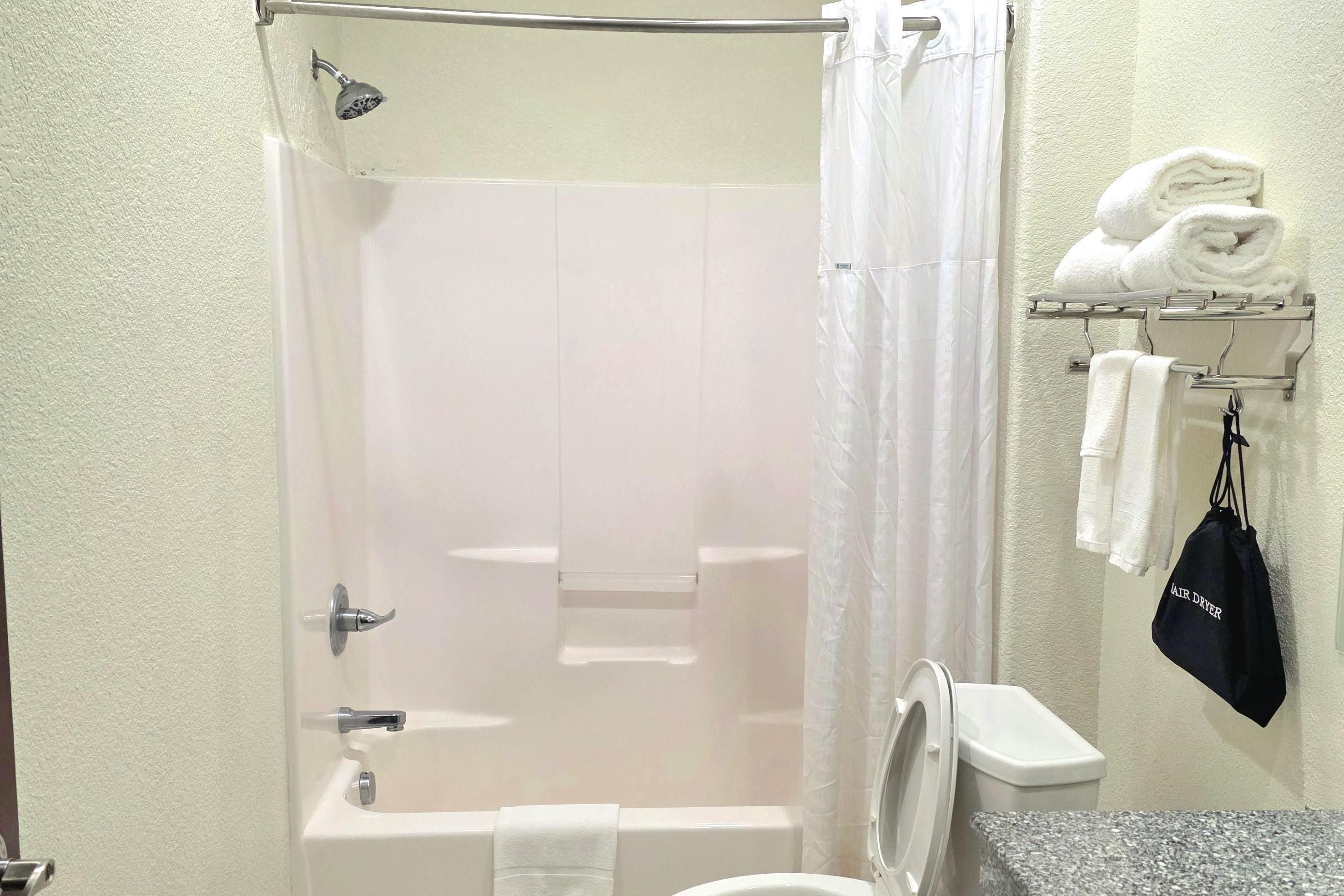 A bathroom with a shower, toilet, and towel rack.