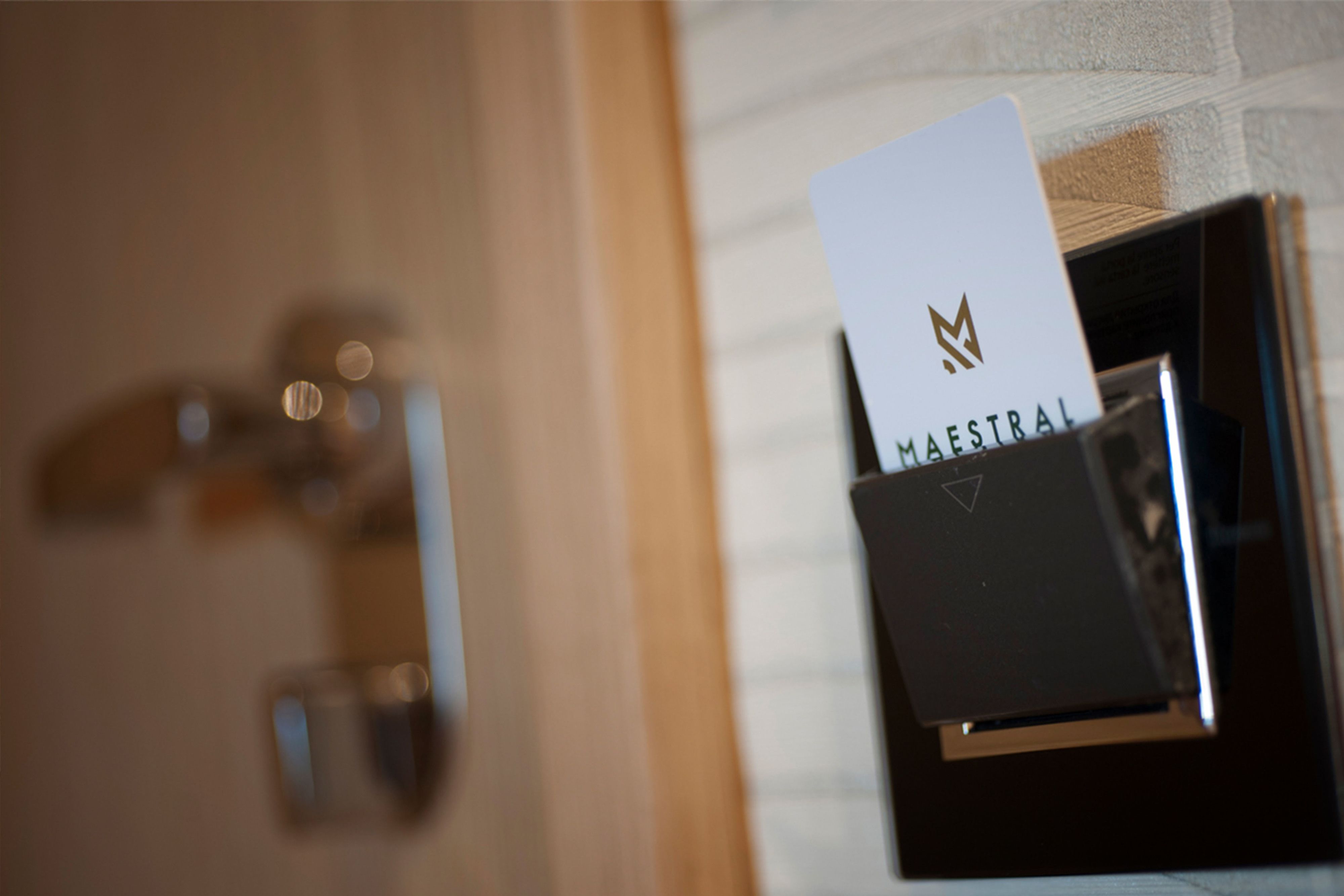 Una ranura para tarjetas con una tarjeta insertada, y la palabra "MAESTRAL" visible.